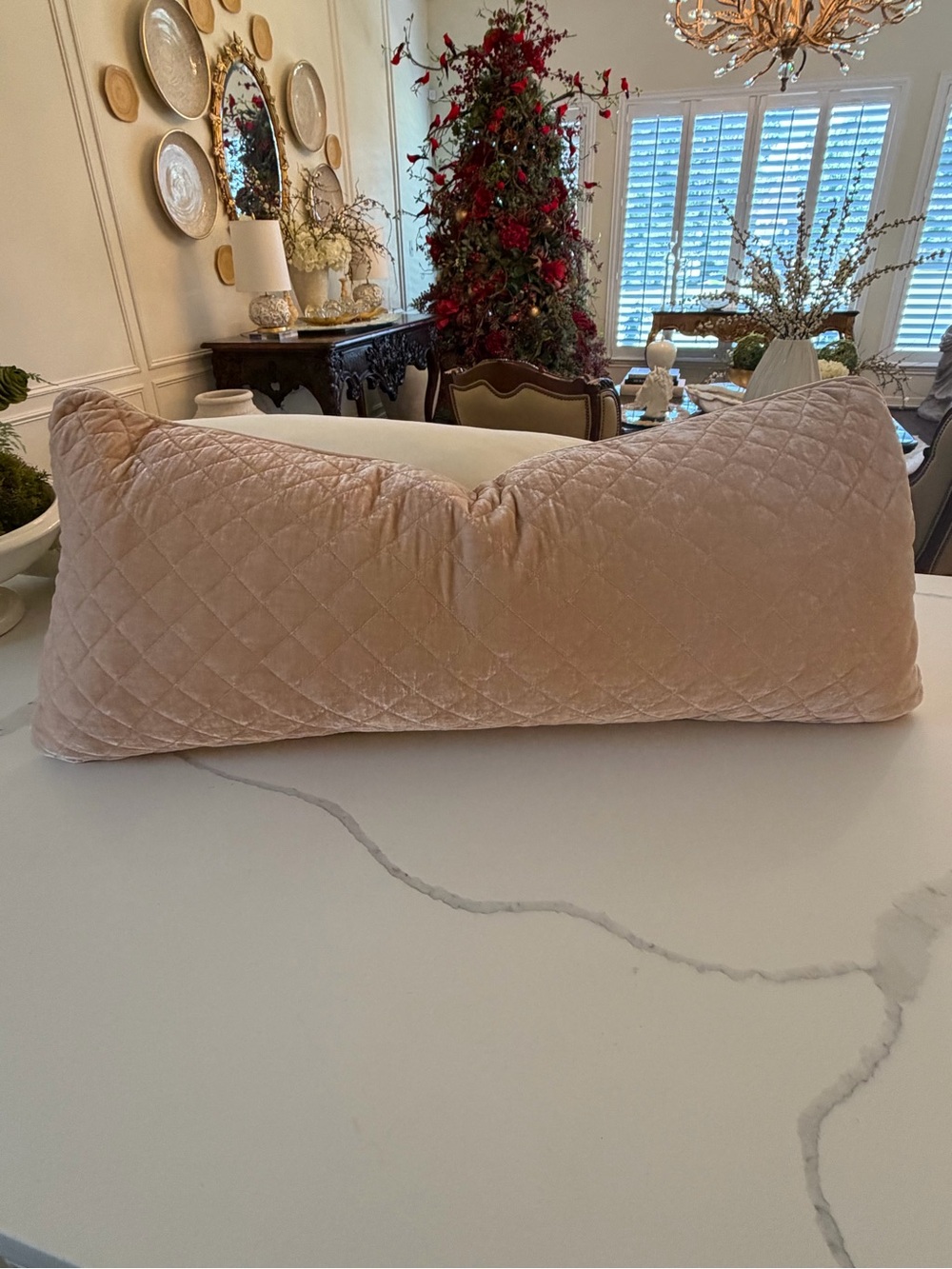 Bella Notte Quilted Silk Velvet Lumbar Pillow in the color “Pearl”.